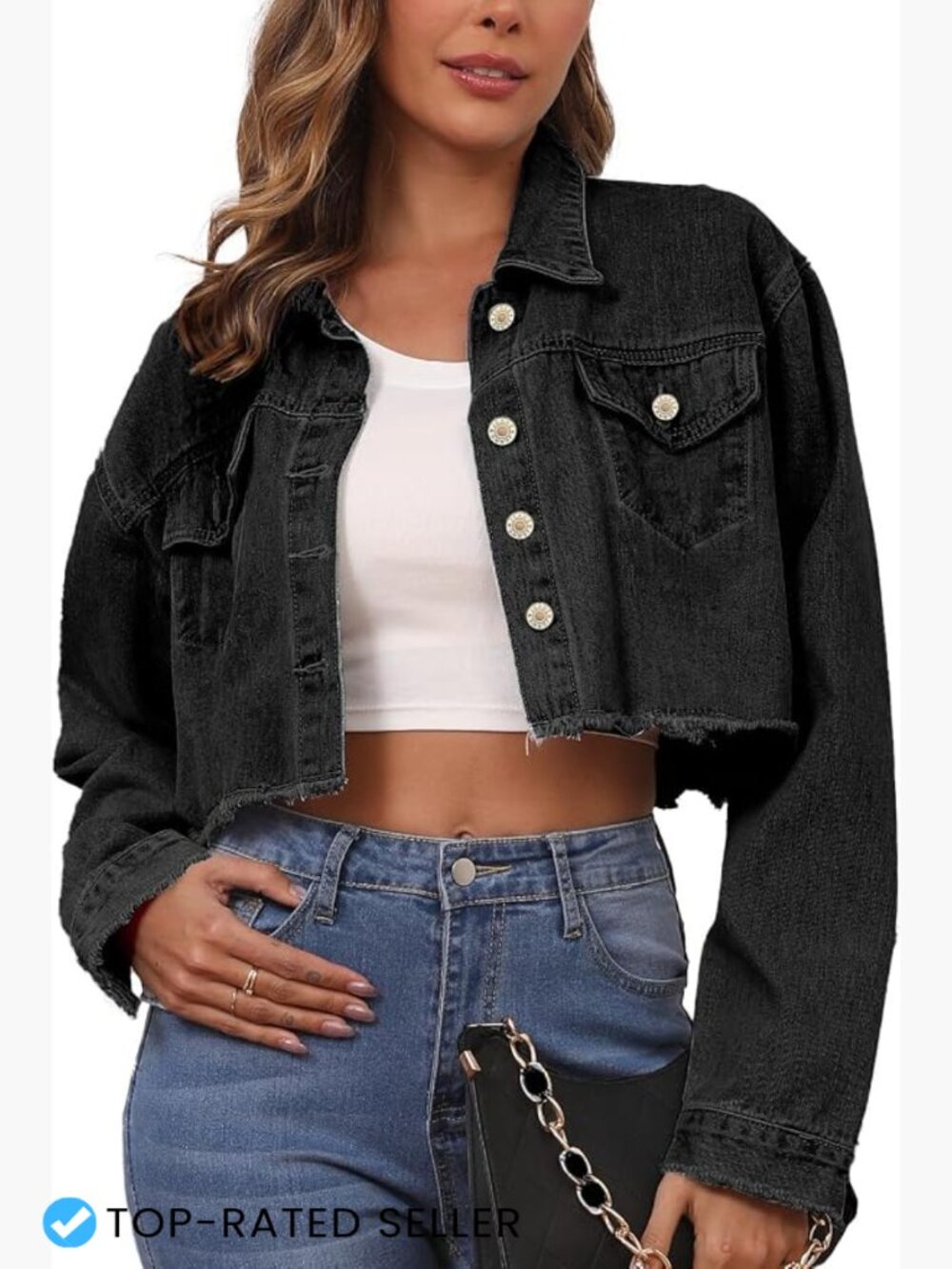 Cropped Denim Jacket Women Y2K Frayed Hem Button Down Long Sleeve Fitted Retro